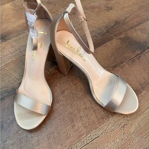 Lulus Champagne Satin Ankle Strap Heels